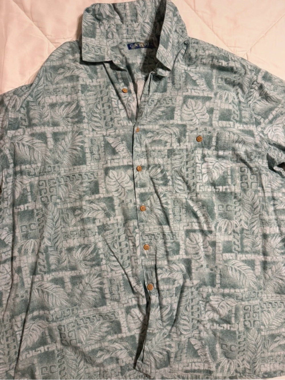 Light Teal Tropical-Print Men's Button-Down Shirt